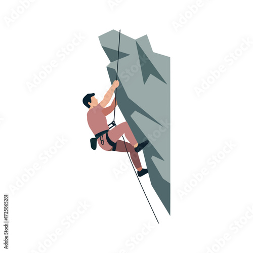 Man Rock Climbing a Mountain Cliff with Rope and Harness