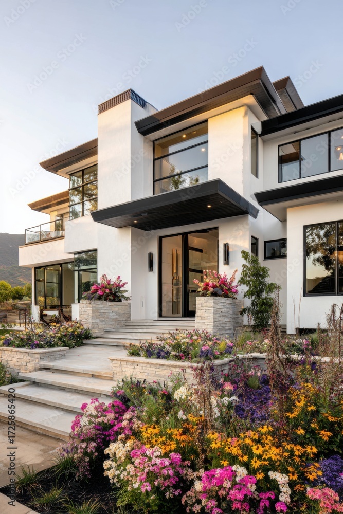 Fototapeta premium Stunning modern house surrounded by vibrant flowers in a peaceful neighborhood at sunset, showcasing elegant architecture and inviting entryway