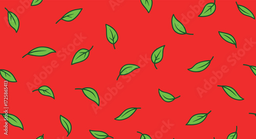 A seamless pattern of scattered green leaves on a vibrant red background, creating a natural and lively texture.