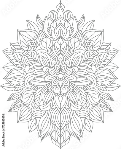 Intricate black and white floral mandala design for coloring or decoration