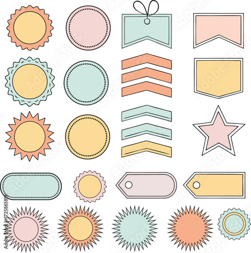 Pastel decorative labels and shapes including stars, circles, tags, and banners. Creative colorful collection perfect for scrapbooking, crafts, and stationery. Modern template for print and digital ar