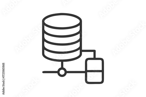 Stylized outline illustration of a database server connected to a smaller storage unit via network cables and a node