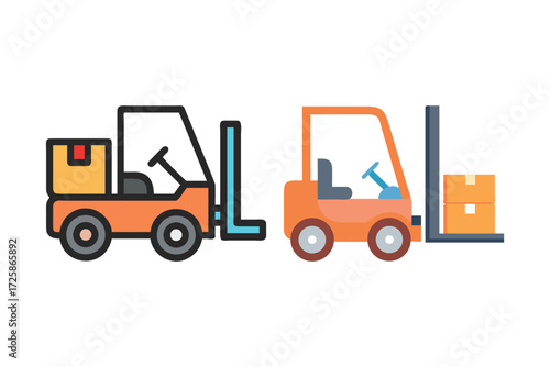 Two cartoon style forklifts one orange and one black lifting cardboard boxes in a warehouse setting