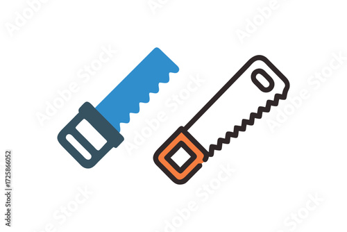 Two stylized hand saws one blue and one outlined in black and orange representing tools for carpentry and diy projects