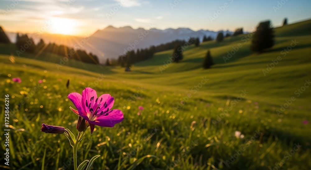 Fototapeta premium Vibrant Wildflower Blooms in a Serene Mountain Meadow at Sunrise