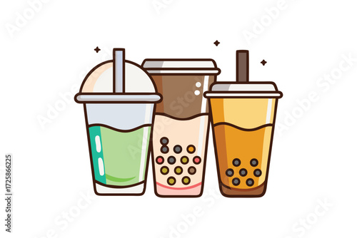 Three refreshing bubble tea drinks with tapioca pearls and straws in a stylized illustration