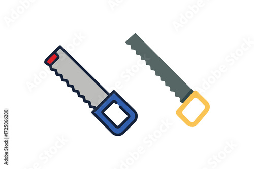 Two cartoon style hand saws with colorful handles isolated on a white background representing tools for construction and diy projects