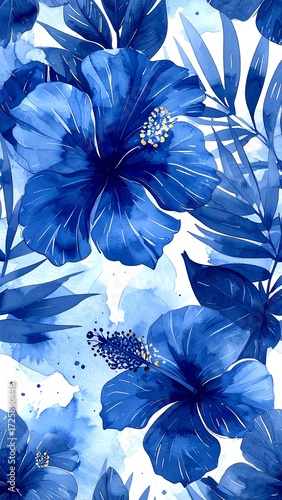 Wallpaper Mural Vibrant blue hibiscus flowers and tropical leaves Torontodigital.ca