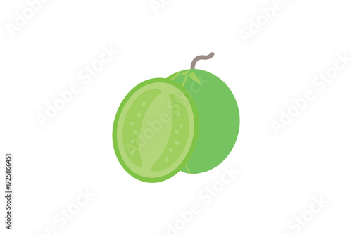 A whole green guava fruit and a half guava fruit showing the juicy interior on a white background