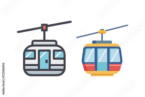 Two colorful cartoon style gondola cable cars suspended on wires against a white background