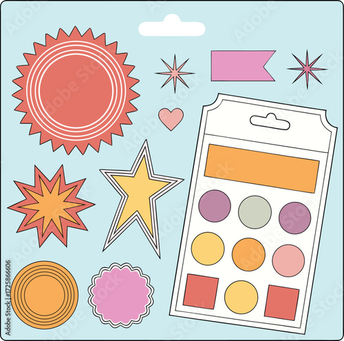 Colorful sticker pack with stars, circles, and shapes in playful pastel tones. Decorative collection perfect for crafts, scrapbooking, and fun projects. Modern creative template for print and digital 
