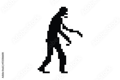 Pixelated black zombie figure walks slowly with its arms extended forward in terror
