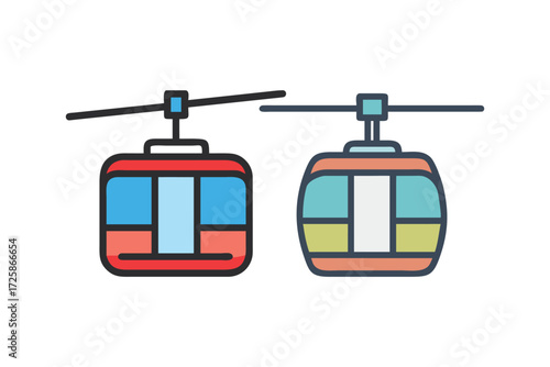 Two colorful modern cable car gondolas suspended on a wire against a white background
