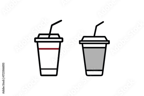 Two simple line art icons of disposable paper cups with straws and lids for cold beverages