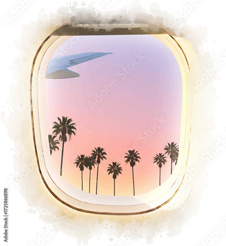 Watercolor painting of the palm trees and the pink sky view as seen from an airplane window, with the plane's wing. generated AI.