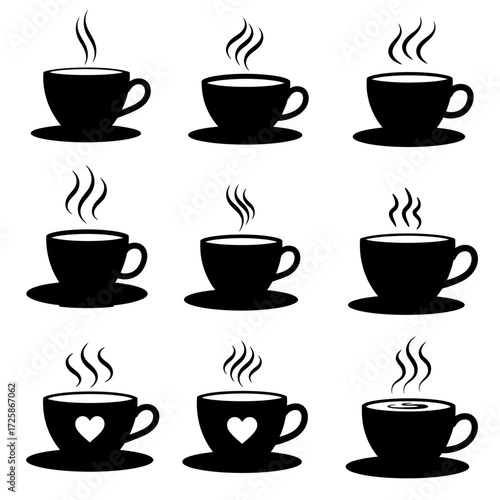 Set of nine steaming coffee cups and saucers silhouette for beverage and morning concepts isolated on white background