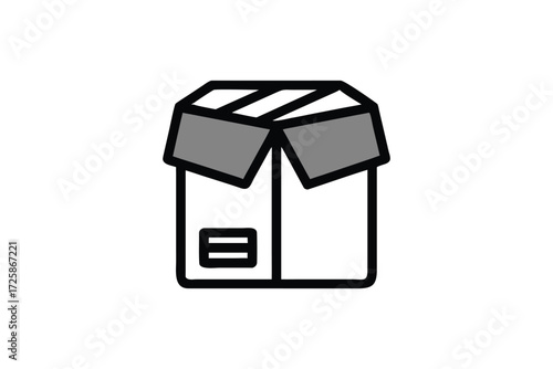 Simple line art illustration of an open cardboard box with gray flaps and a white background