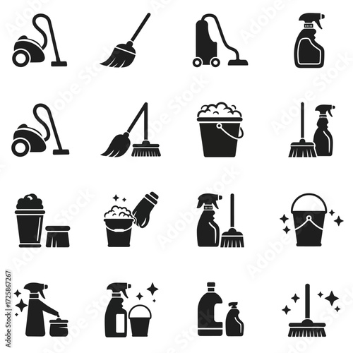Set of 16 cleaning tools and supplies icons for home or professional service isolated on white background