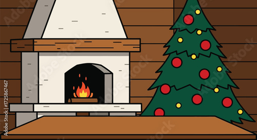 Cozy cartoon illustration of a Christmas scene with a fireplace and decorated tree in a wooden cabin.