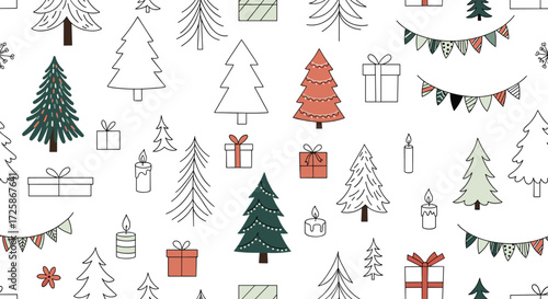 A charming christmas pattern featuring hand drawn trees and festive decorations