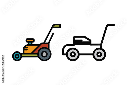 Two stylized icons of lawn mowers one in color and one in black outline representing gardening and lawn care equipment