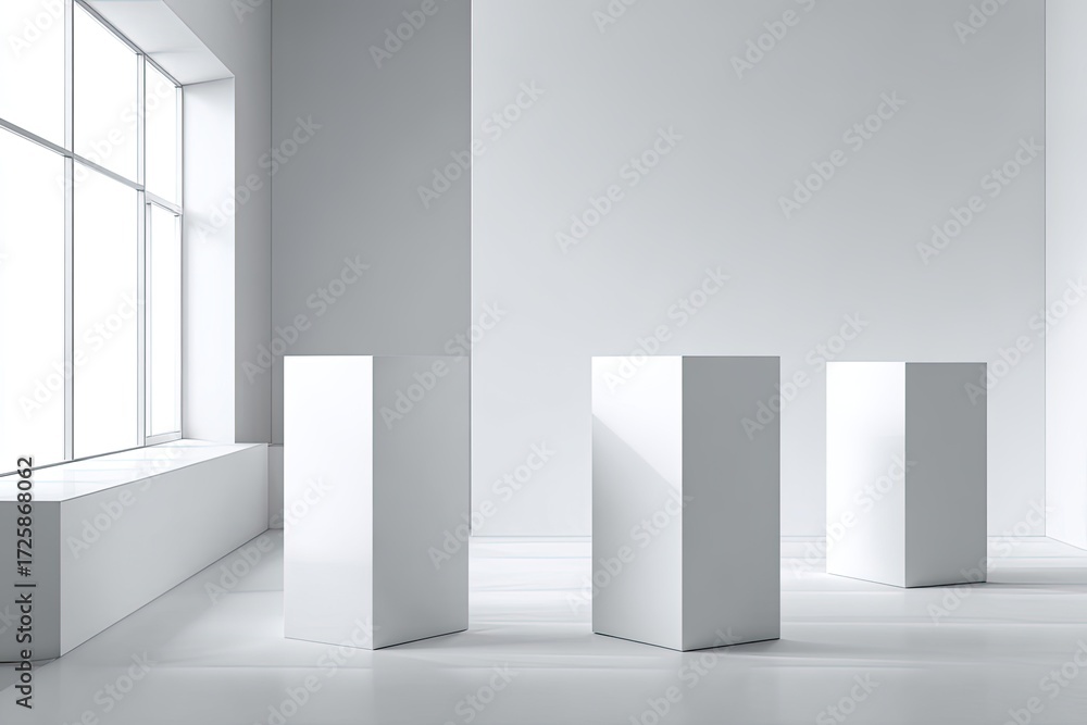 Obraz premium Empty white room with three white display cubes