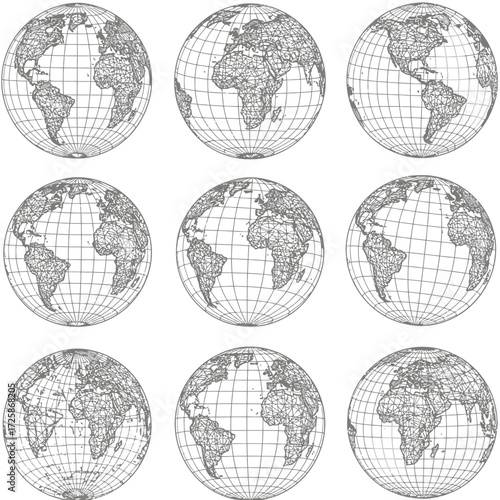 Nine detailed globes showing different continents and grid lines in black and white vintage style isolated on white background