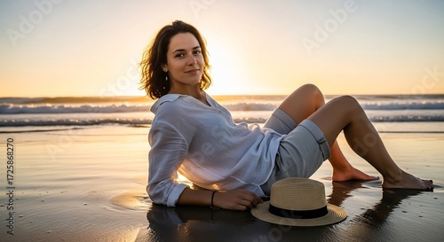 Woman relaxes on a sandy beach at sunset wearing a white shirt and shorts