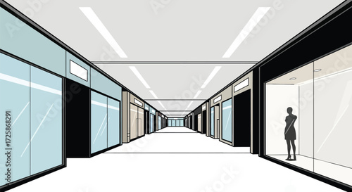 One-point perspective view of a long, empty shopping mall corridor with vacant storefronts and a lone mannequin.