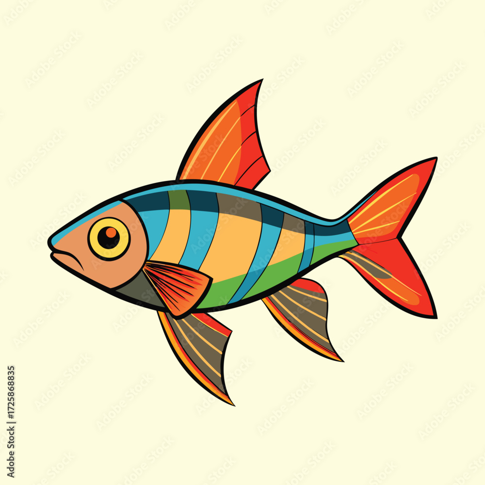 Naklejka premium Stylized Colorful Fish Illustration with Bold Outlines and Vibrant Color Palette