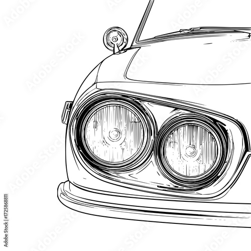 Vintage car front view drawing classic automobile headlights and windshield vector illustration line art