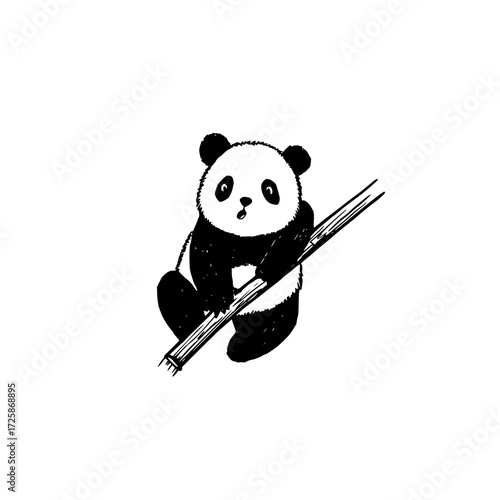 Cute panda bear illustration black and white drawing with bamboo stick animal wildlife art design vector 100