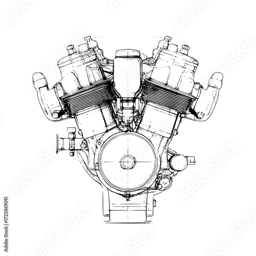 Engine blueprint drawing v twin motorcycle engine detailed technical diagram vehicle motor schematic automotive design