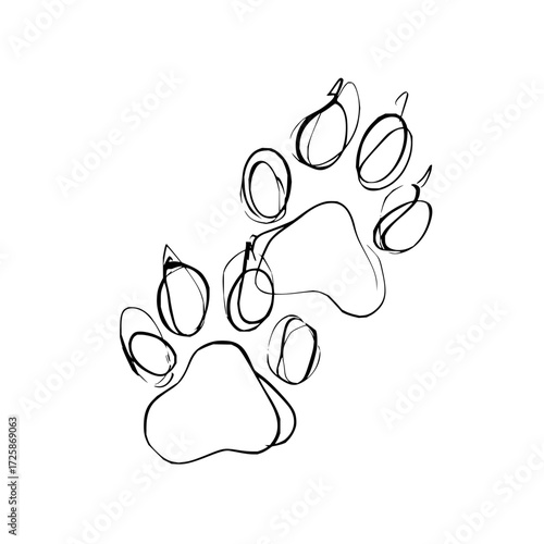 Paw print vector illustration, animal track outline drawing, dog paw prints, cat paw, pet paw, black ink sketch