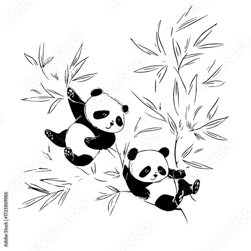 Cute panda bears climbing bamboo trees black and white illustration vector graphic design for prints and decor