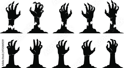 Zombie hands rising from the ground, spooky Halloween theme.