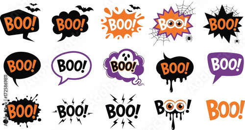 Halloween themed image with various speech bubbles saying "BOO!".