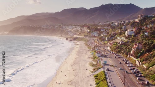 Scenic aerial view of the pacific coast highway and beach in malibu, california