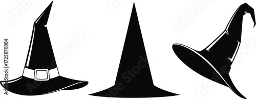 Three black witch hats with different shapes and styles, perfect for Halloween celebrations and costume parties.