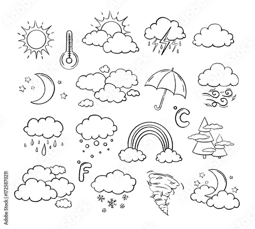 Line vector weather icon big set. Hand drawn by chalk. Outline doodle Illustration with temperature, sun, rain, snow, cloud, storm, for climate forecast. Meteorology