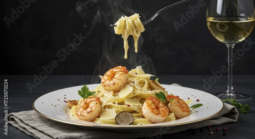 Steaming Shrimp Tagliatelle with Truffle and Parmesan