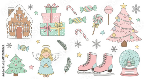 Pastel Christmas Clipart Collection: Gingerbread House, Pink Tree & Holiday Icons