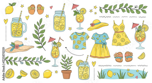 Dopamine Summer Lemon Vector Set with Citrus Drinks and Cute Outfits