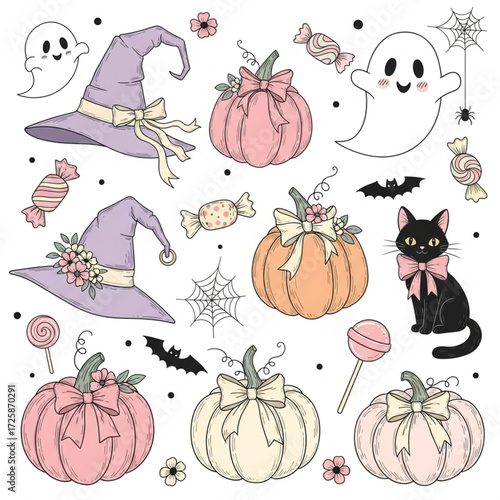 Coquette Halloween Vector Collection: Pastel Pumpkins and Girly Spooky Cute Elements
