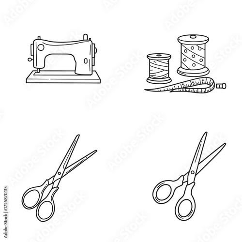 Set of sewing tools including sewing machine bobbins tape measure and scissors for crafting isolated on white background