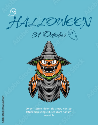 Halloween poster with pumpkin character and halloween greetings on a blue background