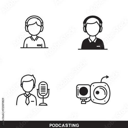 Simple hand drawn icon set representing podcasting and broadcasting equipment and professionals isolated on white background