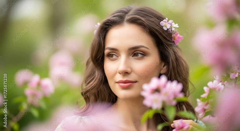 Fototapeta premium Woman with flowers in hair amidst pink blossoms