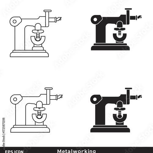 Set of four industrial workshop machine icons featuring a metalworking lathe in line art and solid fill styles isolated on white background
