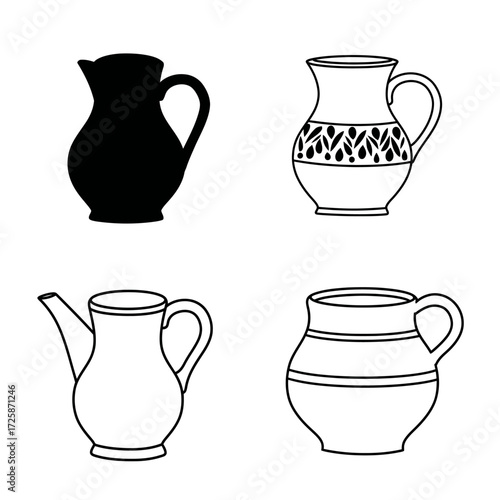 Set of four decorative ceramic jugs and pitchers hand-drawn sketch in black and white style isolated on white background